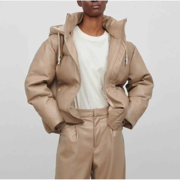 Jakke Poppy Vegan Leather Puffer Jacket in Biscuit Tan US Sz 4 MSRP $330